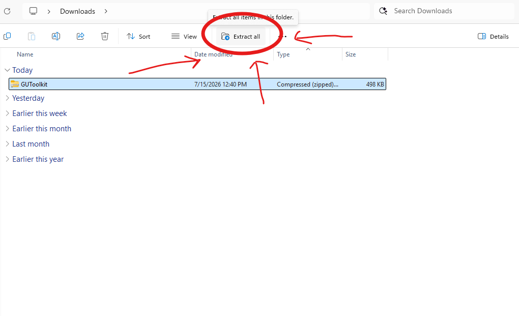 Extracting the GUToolkit zip to a folder